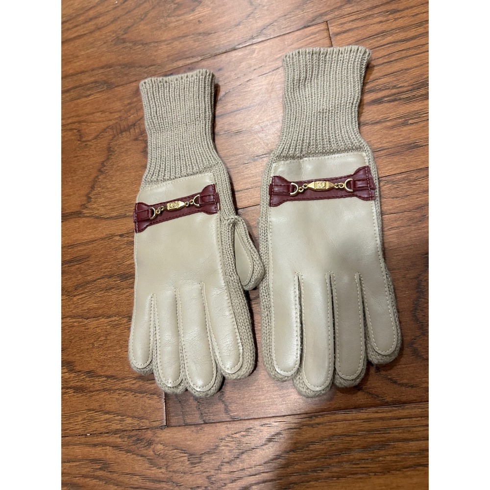 Vintage Chanel leather and knit gloves featuring a decorative buckle